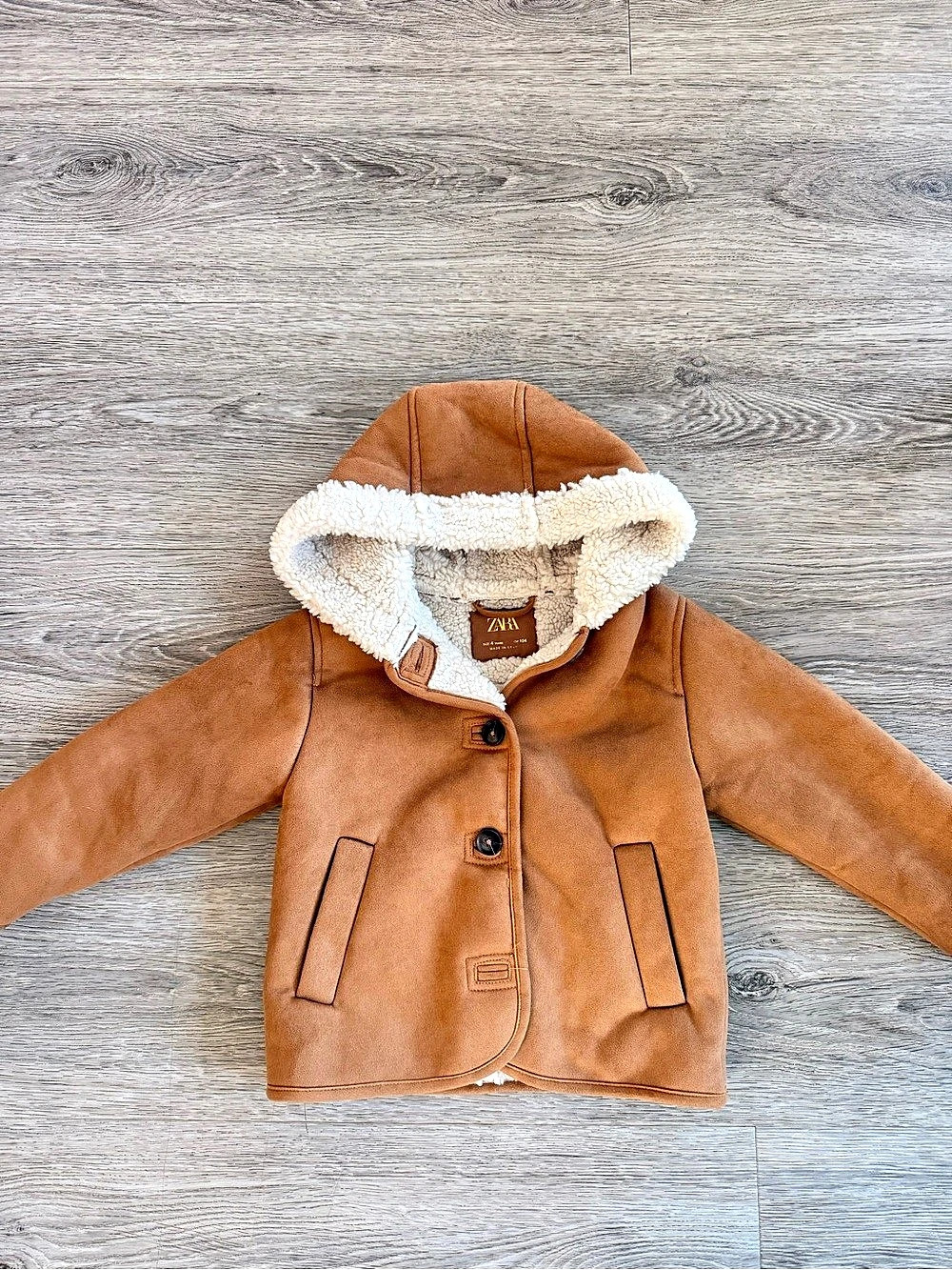 Zara Kids Sherpa-Lined Hooded Jacket Brown & Cream Size 104